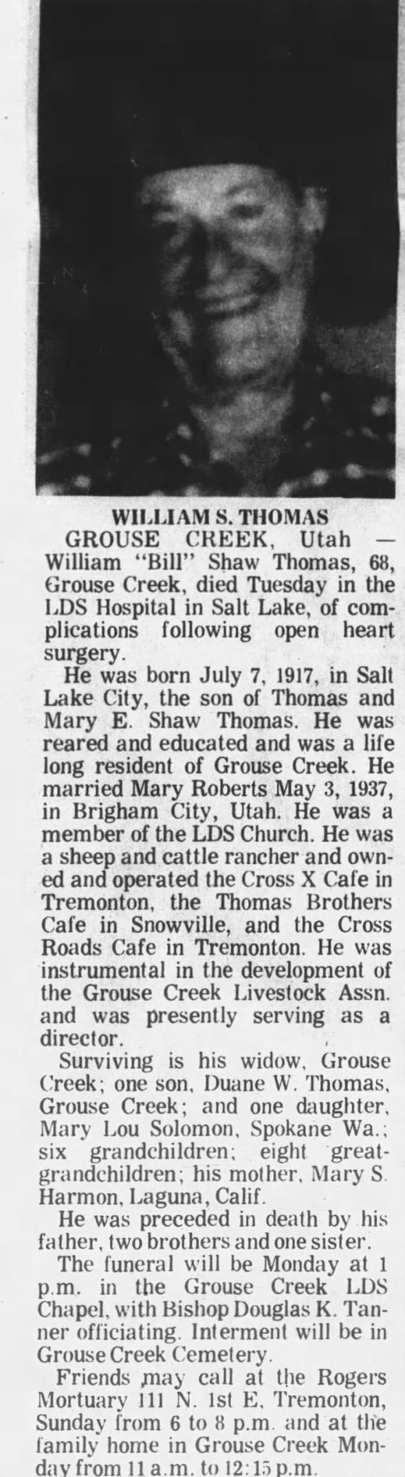 Obituary for WILLIAM S. THOMAS (Aged 68)
